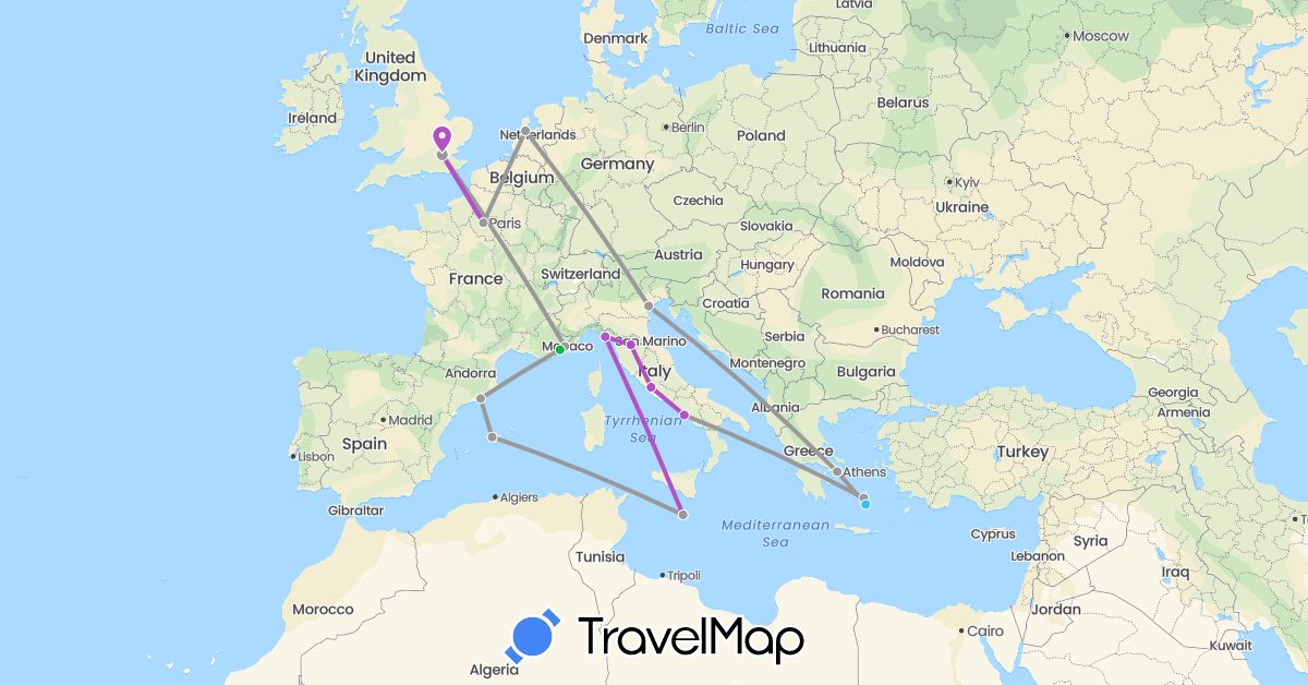 TravelMap itinerary: driving, bus, plane, train, boat in Spain, France, United Kingdom, Greece, Italy, Malta, Netherlands (Europe)